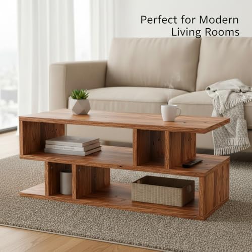 Image of FURLAY Zentro Woodland Coffee Table for Living Room, Modern Engineered Wood Center Table with Multi-Level Open Storage Shelves, 90 x 40 x 40 cm (FWCT2-Woodland)
