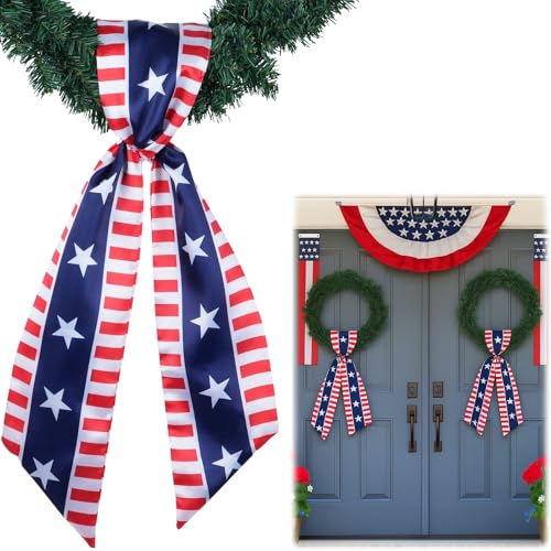 YKW Patriotic Wreath Sash for Front Door, 2 Pack Premium Cotton Linen 5" W x 56" L Red White Blue Stars Stripes Bow Ribbon 4th of July Memorial Day Home Decor