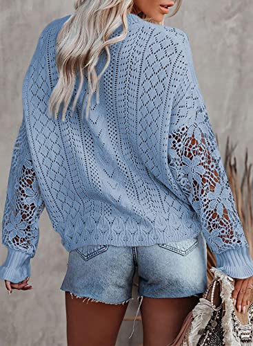 Image of Dokotoo Womens Crewneck Crochet Lace Long Sleeve Hollow Out Cable Knit Sweaters Pullover Tops