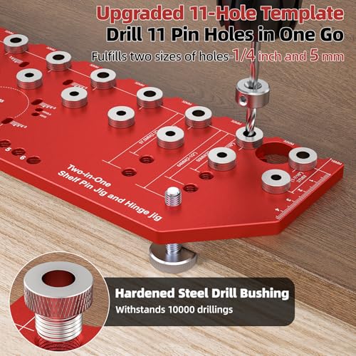 Image of 11-Hole Shelf Pin Jig and Hinge Jig 2-in-1,1 /4 Inch and 5mm Shelf Pin Drilling Jig,Self-contained Clamping Function Shelf Jig and Cabinet Hardware Jig Tool Drill Guide