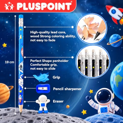 Image of PLUSPOINT 26 Pcs Space Theme 20 Pencils for Kids with 2 erasers 2 sharpeners 2 Grips Astronaut Space Design Perfect for Birthday Classroom and School Supply