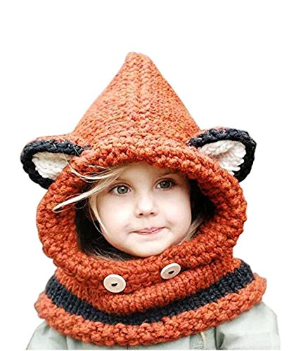 Freessom Bonnet Echarpe Set Hiver Cagoule Renard Unisexe Bebe Enfant Garcon Fille Mignon Kawaii Chaud Tricote Laine Chapeau Bobs Protection d'oreilles (Orange) Cover