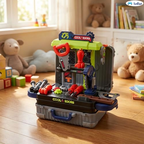 Image of FunBlast Kids 3 in 1 Tool Kit Suitcase with Workbench - Pretend Play Tool Set for Boys, Portable Engineer Toy with Tools, DIY Construction Playset Gift for Kids 3-8 Years (Small-30 Pcs)