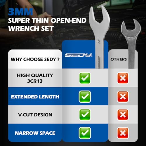 Image of 10-Piece Super Thin Open-End Wrench Set, Metric 5.5-27mm, 3mm Thickness Slim Wrench Set for Tight Spaces, Nickel Plated Flat Wrenches with Rolling Storage Pouch