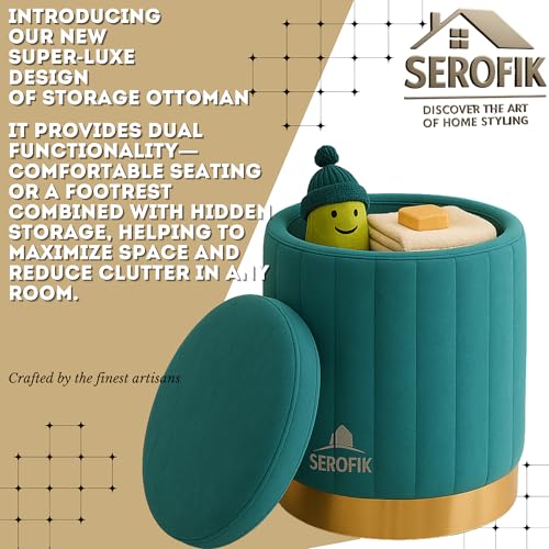 Image of Ottoman Stool with Storage, Round Dutch Velvet Cover Memory Foam Padded 32L Capacity Ottoman Bench Footrest, Pouffe, Office Stool, Makeup Chair, Vanity Chair for Living Room, Bedroom