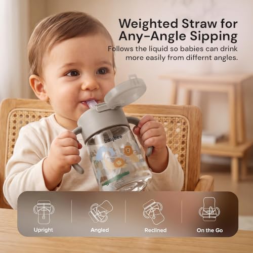 Image of BAYBEE Sipper for Baby with Soft Silicone Straw | Baby Sippy Cup with Anti-Spill Lock Water Bottle with Twin Handles | BPA-Free Tritan Drinking Sipper for Kids for Infants & Toddlers (280ml - Grey)