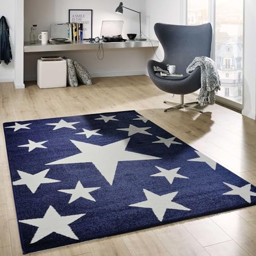 VIMODA Alfombra con diseño de Estrellas, Calidad mullida, Fibra sintética Azul y Blanca, sin sustancias nocivas, 120 x 170 cm
