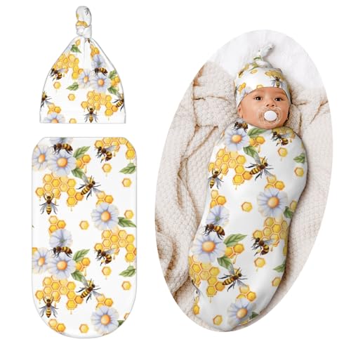 Image of Qwalnely Bee Swaddle Blanket with Hat for Baby, Swaddling Bee Baby Stuff