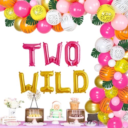 Jungle Theme 2nd Birthday Party Supplies for Girls - Two Wild Birthday Decorations 80 Packs Safari Balloon Garland Arch Kit Pink Rose Red with Green Artificial Palm Leaves