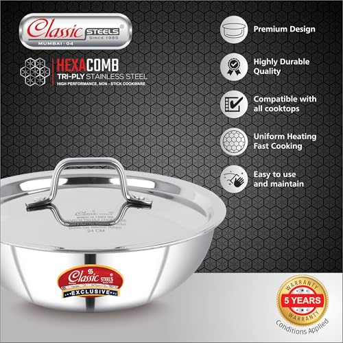 Image of Classic Steels Hexa Comb Triply Stainless Steel Tasla with Steel Lid - 3 LTR (26cm) | Induction & Gas Compatible | Durable, Rust-Free | Healthy Oil-Free Cooking | 2.5mm Thickness