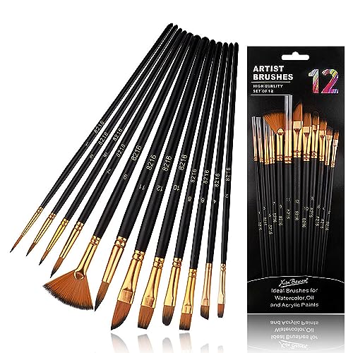 Pinsel Set, 12 Stück Aquarellpinsel Künstlerpinsel Schwarz Acryl Feine...