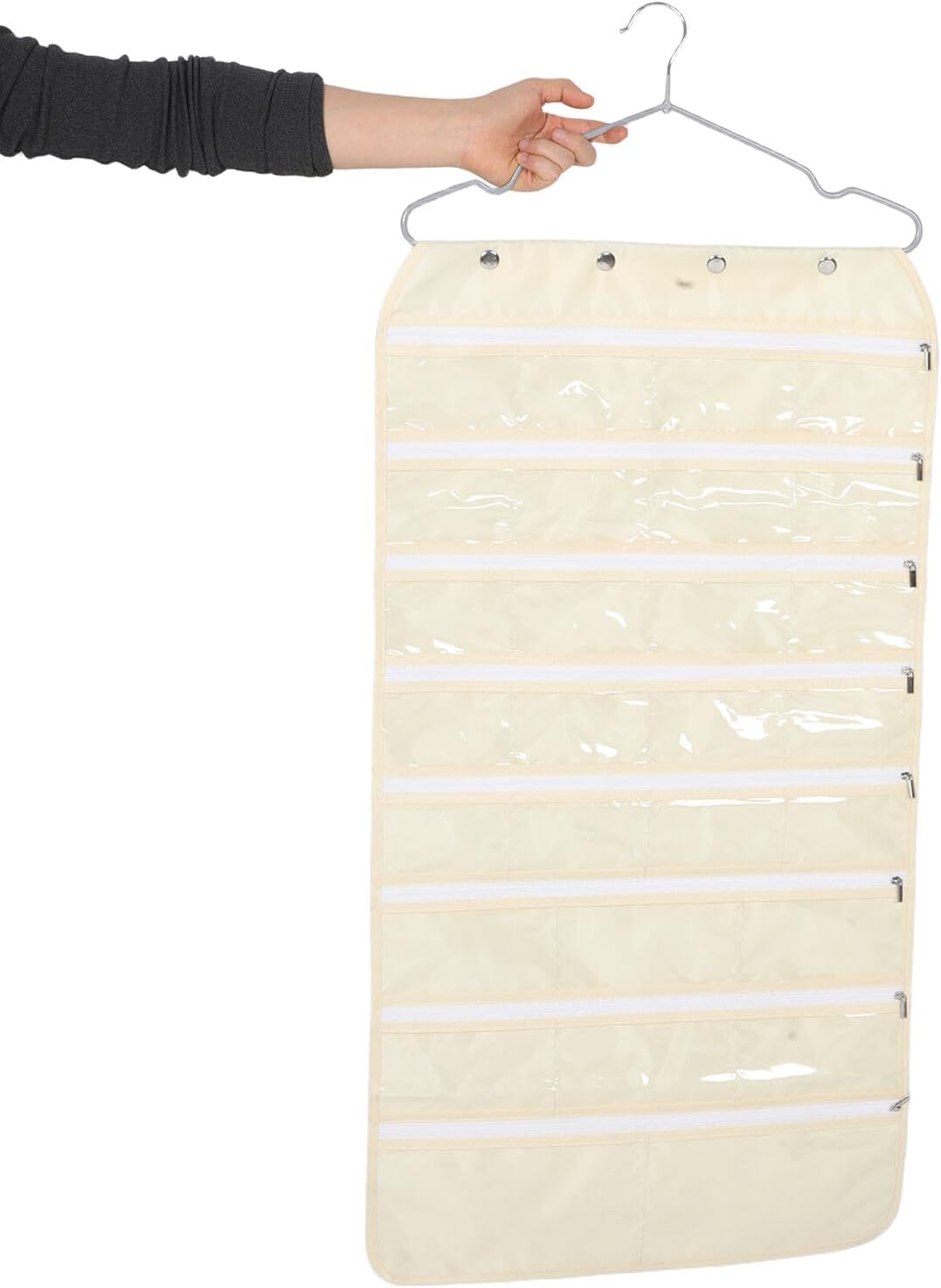 NUOBESTY Multifunctional Hanging Jewelry Organizer Bag with Multiple Pockets for Earrings Necklaces Brooches Rollable Oxford Cloth Storage for Travel and Space Saving Transparent Beige image 3