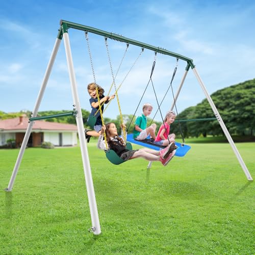 Hapfan 7.3ft Tall Heavy Duty Swing Set, 3 Swings Metal Swing...