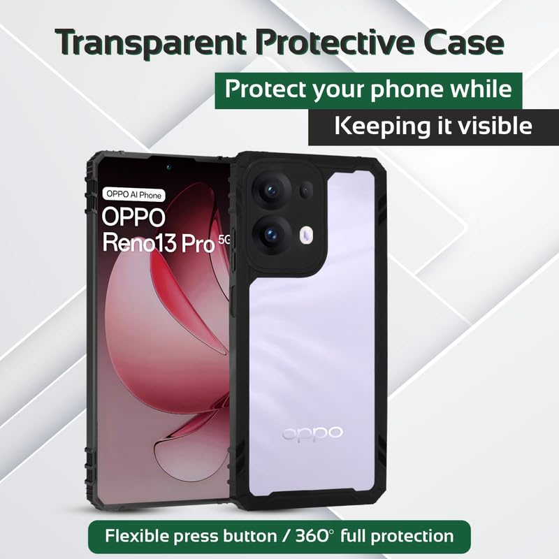 Image of AIBEX Crystal Clear Back Cover for Oppo Reno 13 Pro 5G | Transparent Non-Yellowing Case | Shockproof 360 Protection | Slim Fit Bumper with PC & TPU Design