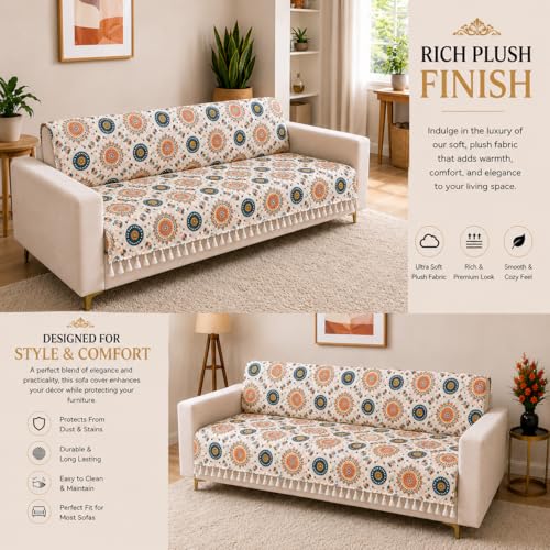 Image of Homerz Premium Printed Quilted Velvet Sofa Slip Cover Protector with Tassels, Sofa Mat, Exact Size, Antislip Cover (Mosaic, 5 (3+1+1) Seater, Full)