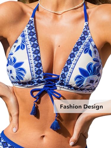CUPSHE Women's Bikini Sets Two Piece Swimsuit Bathing Suit Halter V Neck Lace Up Self Tie Mid Rise4