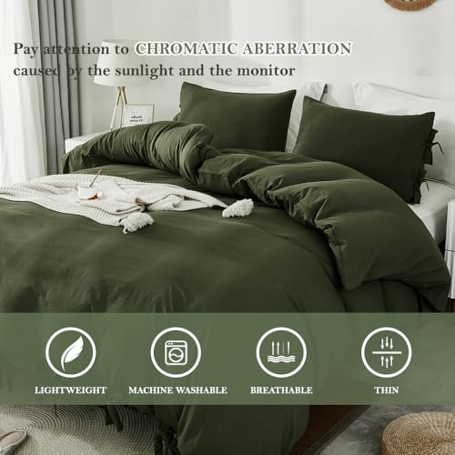 Image of annadaif Olive Green Duvet Cover King Size, 3 Pieces Duvet Cover Set | Soft Washed Comforter Cover ,Bowknot Bow Tie, (1 Duvet Cover 104x90 Inch, 2 Pillowcases) ,Easy Care Bedding Set