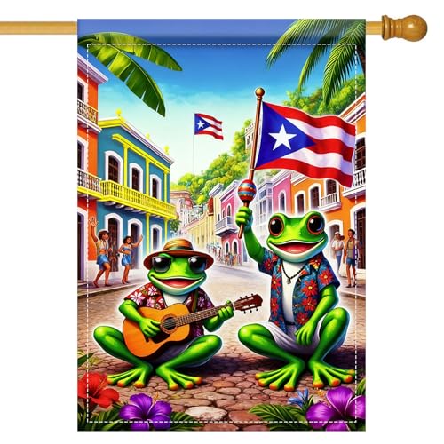 Image of Nuxovilar Puerto Rico Garden Flag Big Frog Guitar Polyester 27x39inch | Musical Sign, Festive Hanger, patriotic garden flag, outdoor lawn decoration, porch yard home (Big Frog)