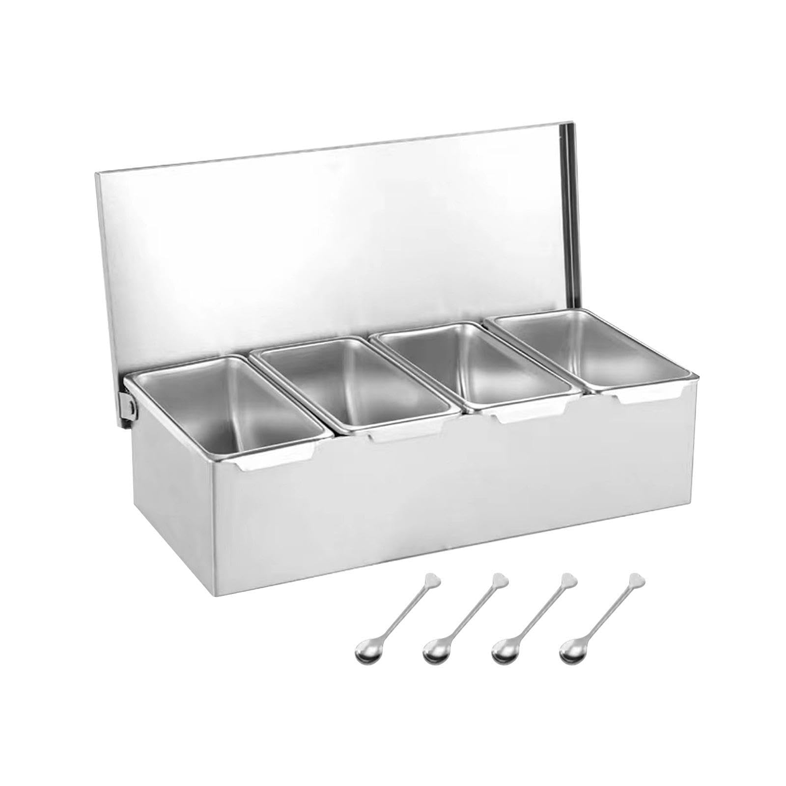 PIXZCSA Attractive Seasoning Box Set Stylish Stainless Steel Spice Containers Multi Compartments Kitchen Storage Seasoning Box Set Stainless Steel Ingredients, Four Grids