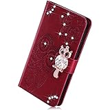 Herbests Kompatibel mit Samsung Galaxy S10 Plus Handyhülle Glitzer Bling Strass Diamant Eule Mandala Blumen Muster Leder Tasche Flip Case Cover Hülle Schutzhülle Klapphülle Magnet,Braun