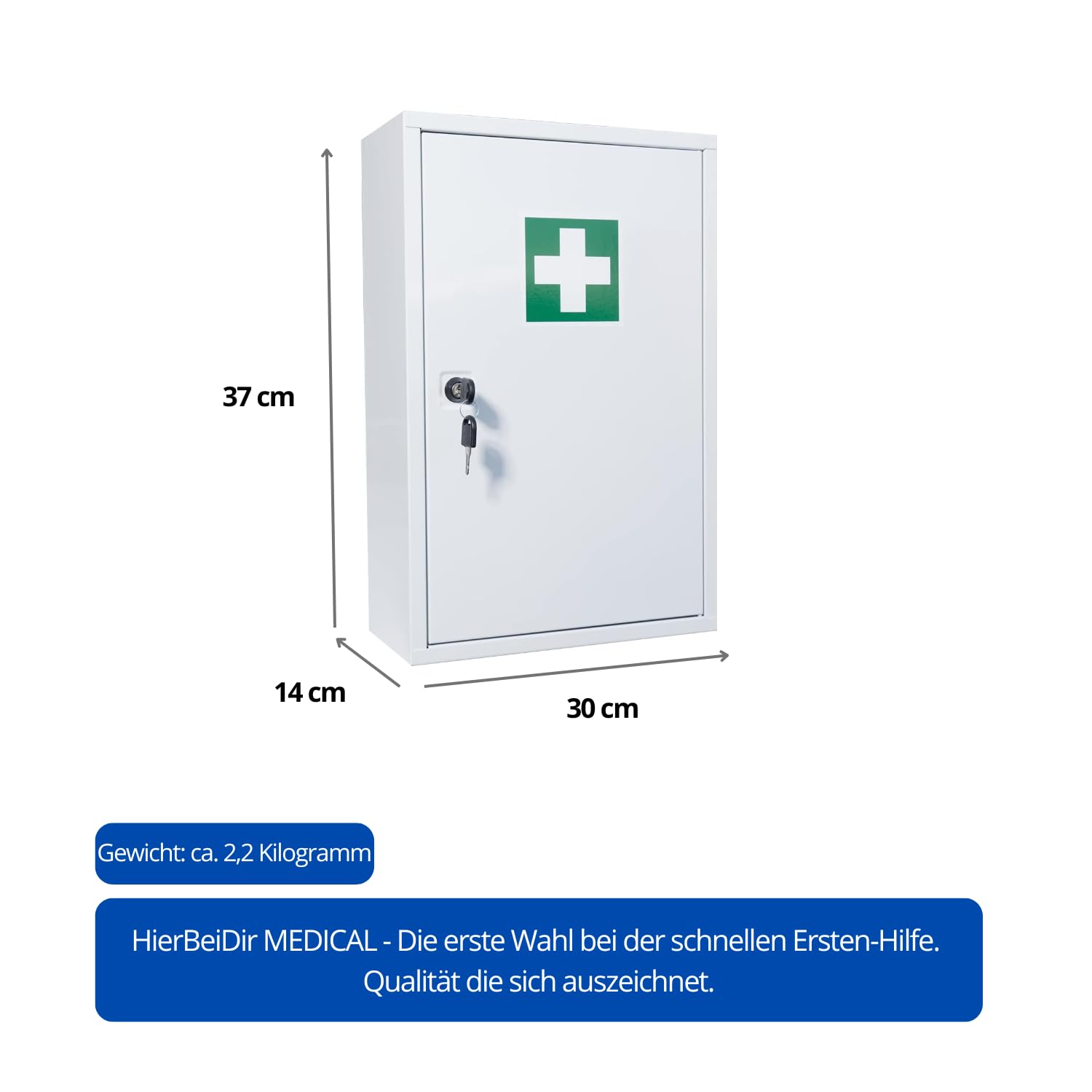 Botiquín de primeros auxilios (vacío), botiquín con 2 compartimentos, cerradura de seguridad, de metal, tamaño: 37 x 30 x 14 cm, resistente y compacto, armario de primeros auxilios para