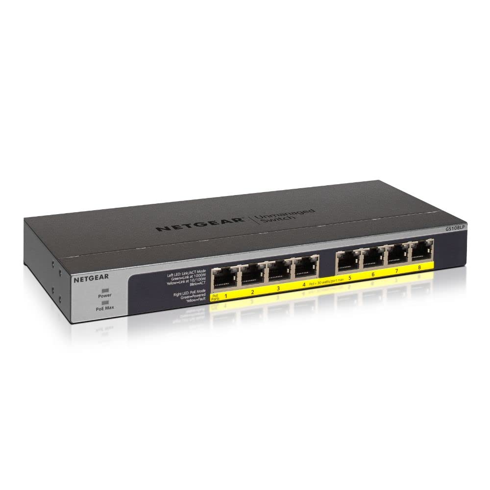 NETGEAR Conmutador Ethernet Gigabit PoE de 8 Puertos PoE (GS108LP), Conmutador de Red no gestionado, con 8 x PoE, 60 W actualizable , De sobremesa, para Montaje en Pared o en Bastidor en oferta en Amazon