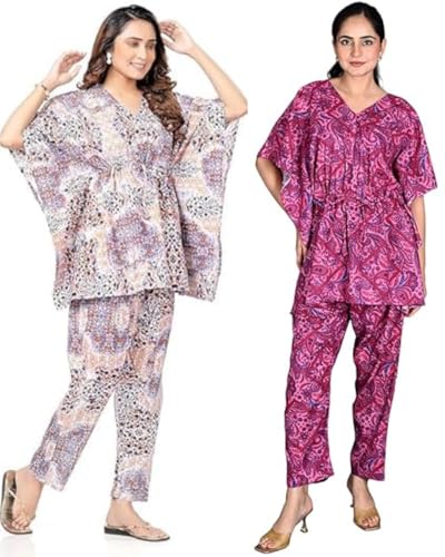 Image of Vlazom Women's 100% Cotton Printed Kaftan & Pyjama Set - Combo Pack of 2 | Free Size Nightwear with Pocket | Soft Cotton Loungewear Co-ord for Women