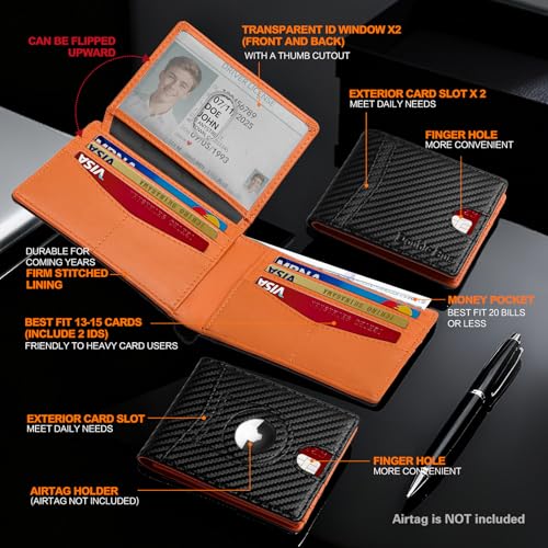 Image of Wallet for Men Slim RFID Blocking Bifold Carbon Fiber,Minimalist Small Compact Front Pocket Credit Card Holder,Thin Mens Leather Wallets Smart Security With 2 ID windows 1 Cash (Black & Orange)