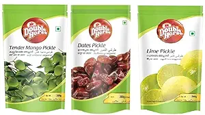 Double Horse Authentic Kerala Pickles | Tender Mango| Lime Pickle | Dates Pickle| Achaar Combo | Export Quality| Tasty & Tangy| Home Made |Organic | 200g X 3