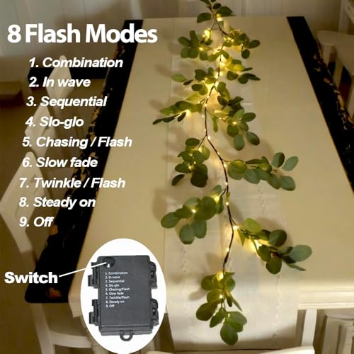 Image of 6.56FT Eucalyptus Garland with Lights 96 LEDs 8 Modes Battery Operated with Timer Faux Twig Vine Lights Spring Greenery Garlands for Mantle Fireplace Wall Table Stairs Wedding Party Bedroom Home Decor