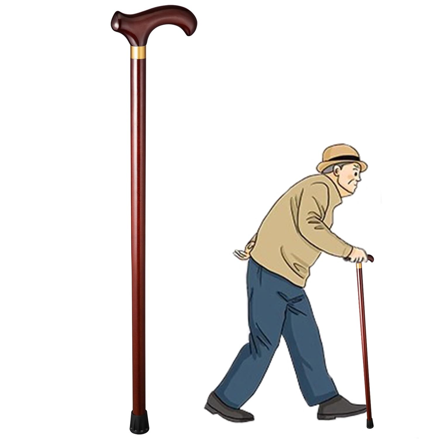 Drewniana laska do chodzenia, ręcznie rzeźbiona drewniana laska z gumową końcówką, mocna i stabilna, udźwig 300 funtów, ergonomiczna laska dla seniorów (brązowo-czerwona nr 3)