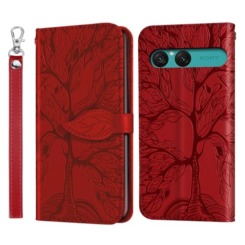 Rostsant Coque Sony Xperia 10 VII Arbre en Relief Housse en Cuir PU Étui à Fermeture Magnétique Portefeuille Étui à Rabat pour Sony Xperia 10 VII Rouge