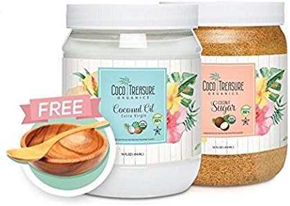 Coco Treasure Organic Coconut Facial Scrub - DIY Beauty Kit with Organic Extra Virgin Coconut Oil (14 fl. ounces), Organic Coconut Sugar (300 grams) and Free Wooden Bowl and Spoon for Mixing