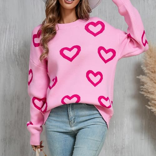 Image of Women Y2k Valentines Oversized Knit Sweater Heart Print Long Sleeve Crew Neck Loose Pullover Tops Streetwear