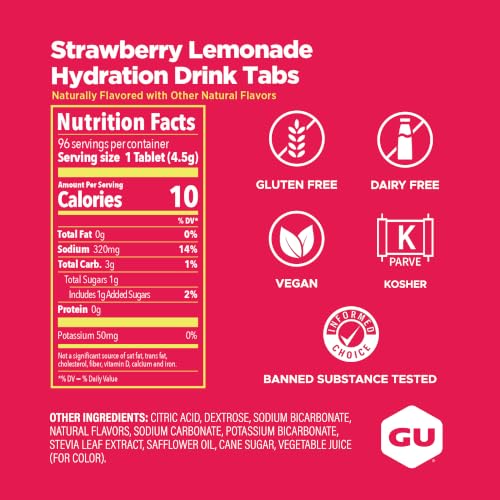 Image of GU Energy Hydration Electrolyte Drink Tablets, Enhanced Endurance Sports Drink for Running, Cycling, Triathlon, Strawberry Lemonade, 8-Count (96 Servings)