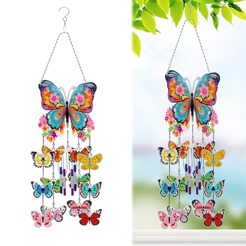 Generic Butterfly Diamond Art Wind Chimes Kit, Double Sided 5D DIY Diamond Painting Suncatchers Home Hanging Ornament for Garden, PFL505