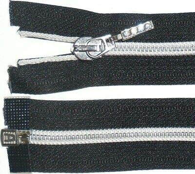 53cm / 21” Metallic Look Black Open Ended Zip with Silver Nylon Teeth and Silver Runner Medium Weight Separating Zip for Coats, Hoodies, Sportswear, Fleece Jackets Zipper
