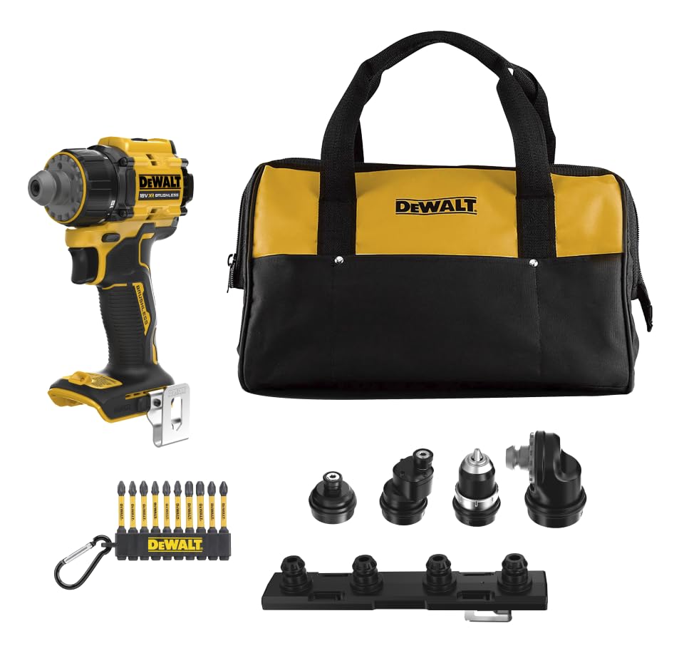 DEWALT 18 V XR wiertarko-wkrętarka akumulatorowa z 4wymiennymi głowicami, miękkim workiem i zestawem 10 kluczy FLEXTORQ 57 mm (PH i PZ) z brelokiem, tylko narzędzie, DCD803KN-XJ