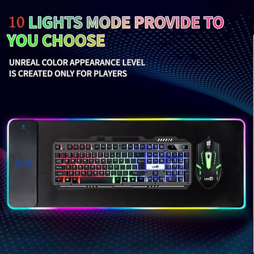 Image of RGB Gaming Mouse Pad with Wireless Charging 15W, LED Mouse Mat 31.5 * 11.8 in, 10 Light Modes Extra Large Mousepad Non-Slip Rubber Base Computer Keyboard Mat for Gaming, MacBook, PC, Laptop, Desk