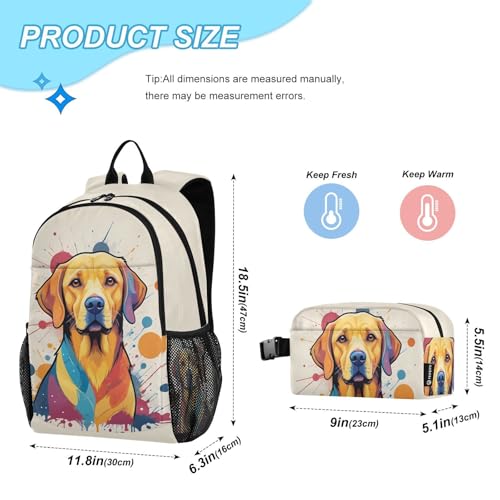 Travel Backpack Lunch Bag Set for Hiking Picnic, Backpacks with Insulated Lunch Box Colorful Painting Dog Print2