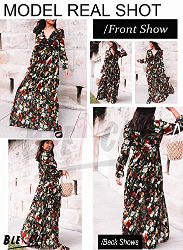 Image of BLENCOT Womens Casual Boho Floral Printed V Neck Long Sleeve Long Maxi Dress Spring Summer Dresses