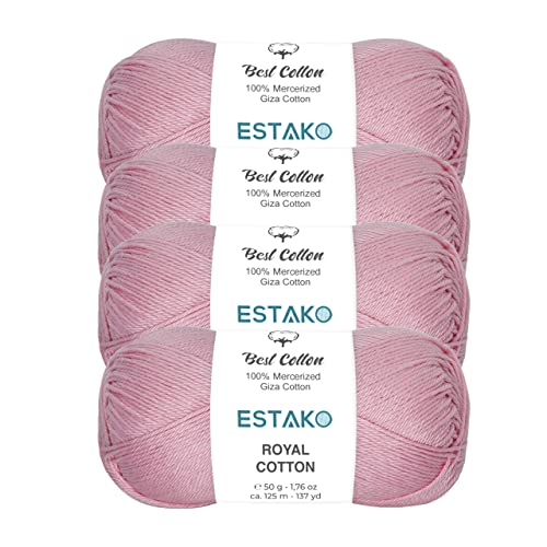 Image of Estako Royal Cotton, (4 Skeins Pack) 100% Mercerized Giza Cotton Yarn, Soft, Super Fino for Crochet and Knitting (4 x 1.76 Oz) / (4 x 137 Yrds) (5096 - Baby Pink)