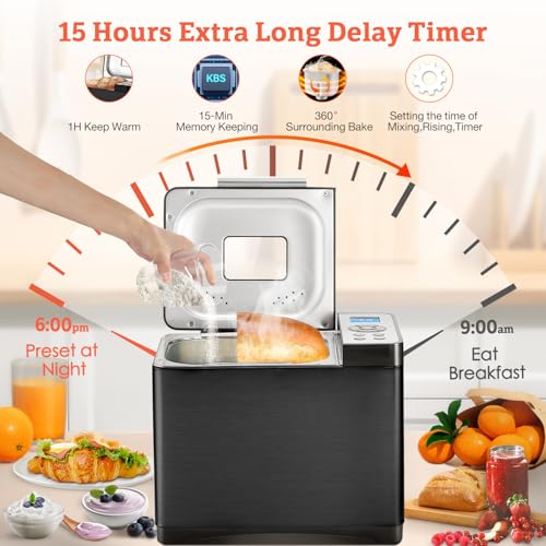 Image of KBS 19-in-1 Programmable Bread Maker,2LB Large Bread Machine Stainless Steel with Sourdough,Gluten-Free,Nonstick Ceramic Pan,650W Bread Maker Machine with 15H Timer&1H Keep Warm,3 Crust Colors,Recipes