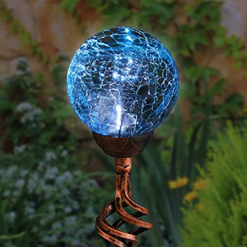 Exhart Solar Teal Cracked Crystal Ball Metal Finials Yard Stake - Glass Ball Metal Stake w/Solar LED Outdoor Lights, Glass Globe Metal Artwork, Glass Orb Metal Ground Stake, 3.5" L x 3.5" W x 31" H