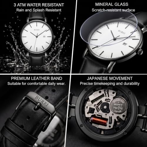 Image of BUREI Men's Fashion Minimalist Wrist Watch Analog Date with Leather Strap