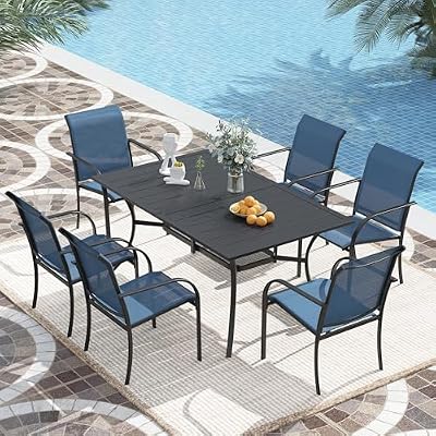 VICLLAX 7 Pieces Patio Dining Set, Patio Furniture Set of 6 Patio Stackable Dining Chairs and Outdoor Rectangular Metal Table with Storage Shelf, Blue Chairs and Black Table