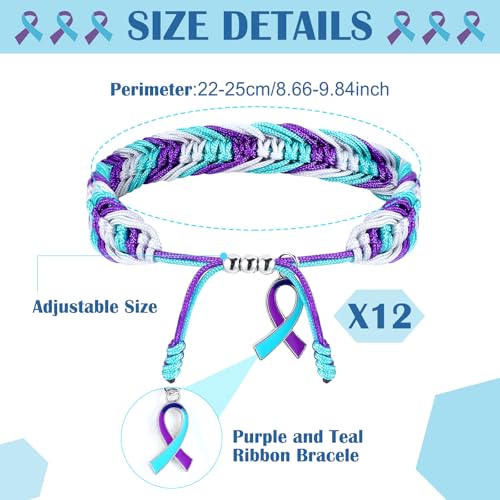 12 Sets Suicide Prevention Awareness Bracelet with Warning Card Sets Handmade Adjustable Wrist Wrap Teal and Purple Prevention Awareness Gift Protection String for Events and Fundraising3