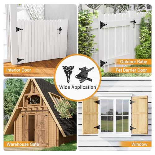 Image of WINSOON Rustic Black Steel Wood Gate Hardware Set, 8 inch Strap Gate Hinges & Heavy Duty Latch Kit with Handle, 60 lbs. Capacity, 2 Count
