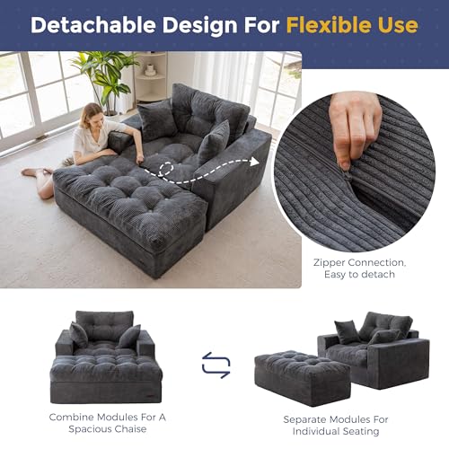 Image of MAXYOYO Modular Sectional Chaise Lounge Sofa, Upholstered Lounge Chair with Ottoman, Comfy Couch with Layered Cushion, Tufted Upholstered Sleeper Chair for Living Room, No Assembly, Dark Grey