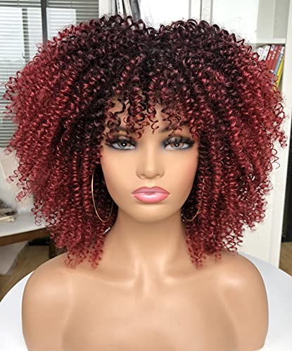 Curly Afro Wig With Bangs for Black Women Afro Kinky Curly Wig Ombre Red Synthetic Heat Resistant Short Afro Wigs（14Inch）…